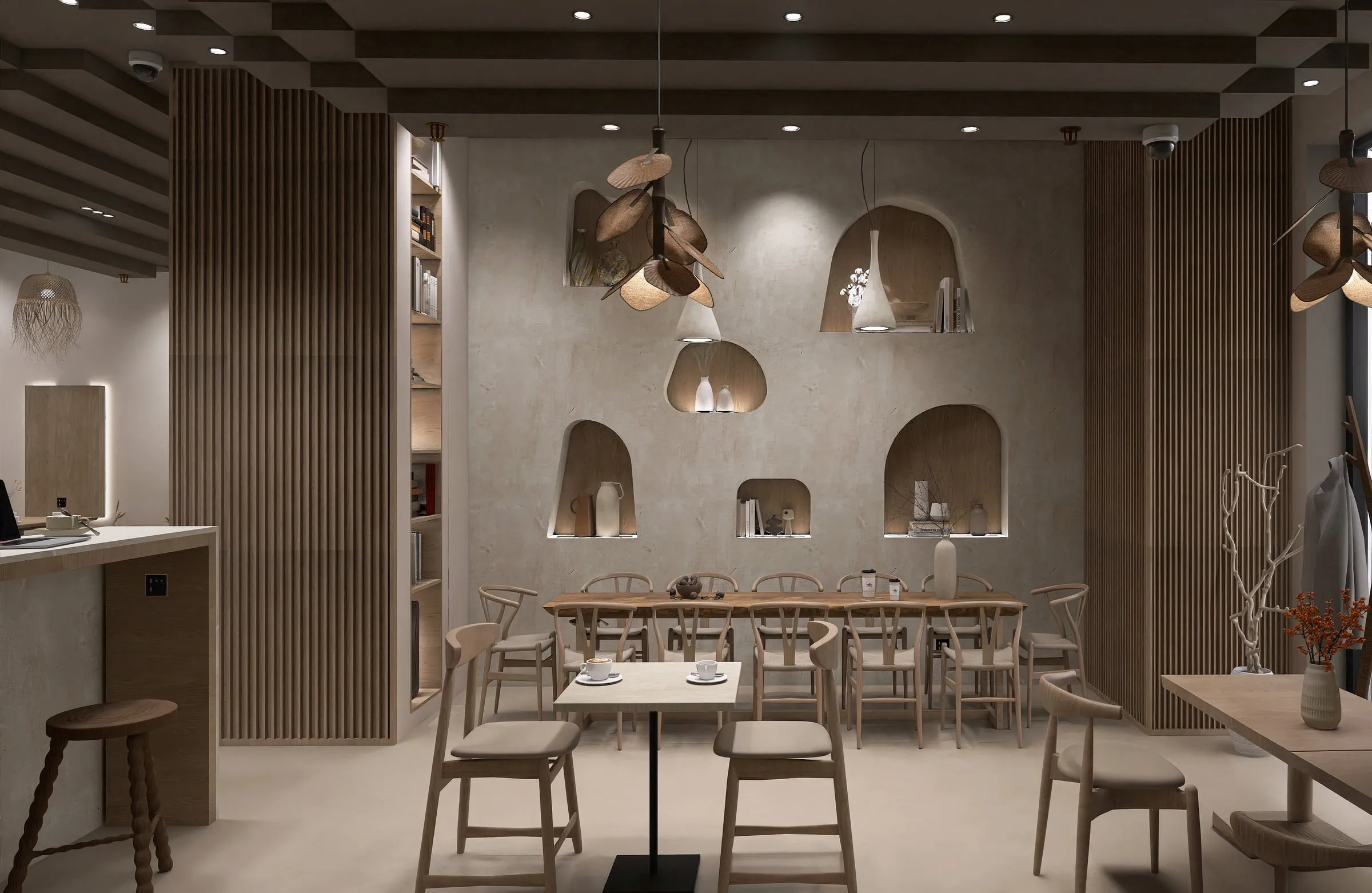 Zona de tranziție lounge-dining, cu canapea, mese joase și perete cu șipci